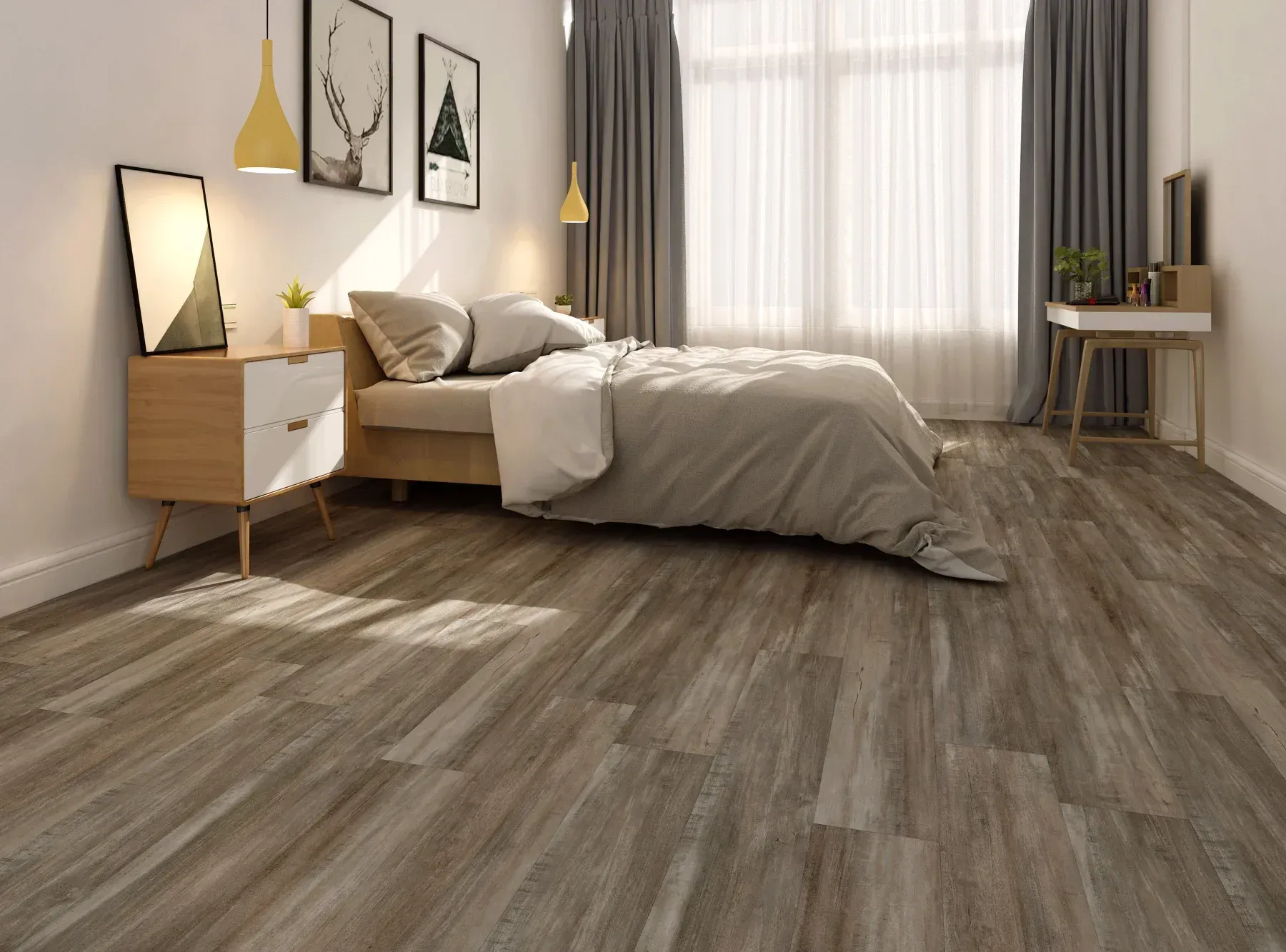 A bedroom with a large bed and a wooden floor.