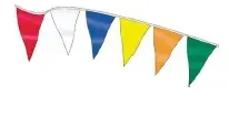 A string of colorful flags on a white background.
