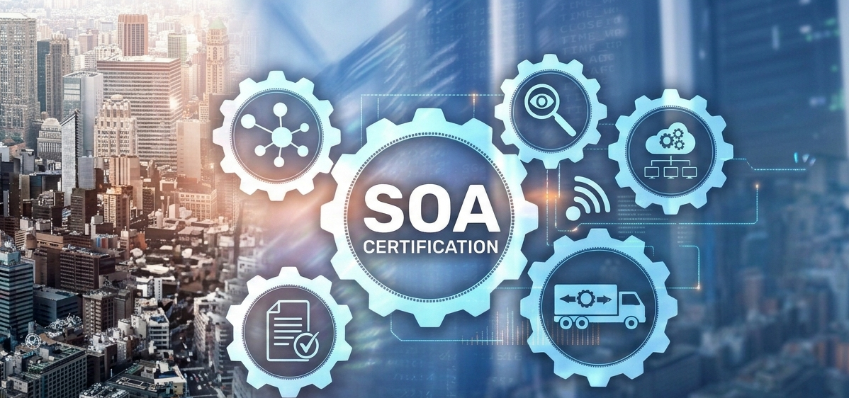 Grafica della certificazione SOA sovrapposta allo skyline di una città, con icone e ingranaggi tecnologici blu.