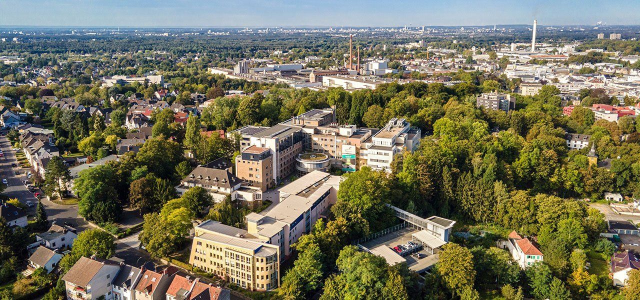 Luftaufnahme eines grünen Stadtviertels mit Wohnhäusern und Straßen unter klarem Himmel