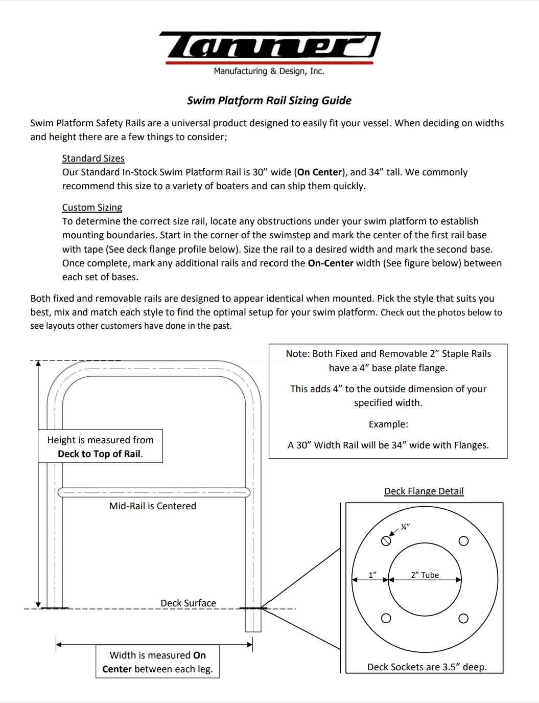 Swim platform staple rail sizing guide by Tanner Manufacturing.