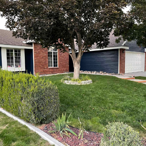 House with brick and blue siding, front yard with green lawn, tree, and bushes.
