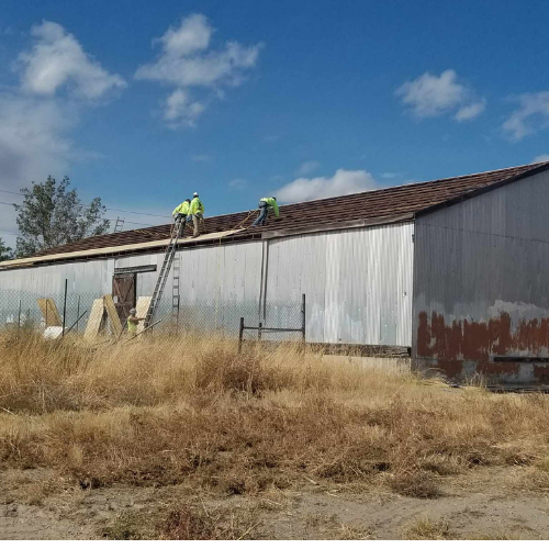 Workers replacing roof on a corrugated metal building on a sunny day.