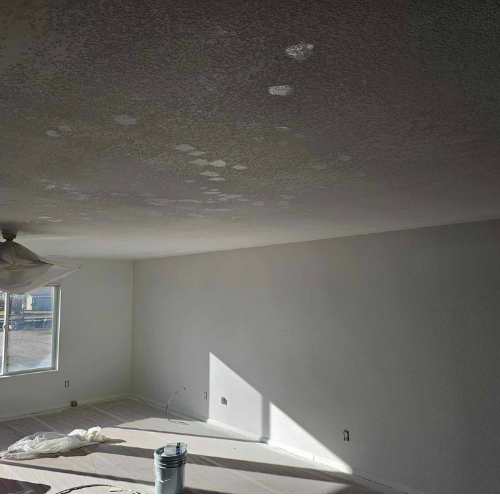 Empty room with white walls, a textured ceiling, a ceiling fan, and a window. Sunlight streams in.