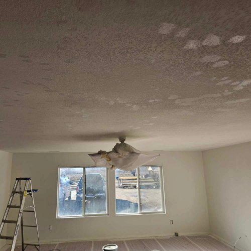 Room ceiling with paint splotches and covered light fixture. Ladder and windows in room.