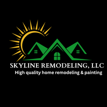 Logo for Skyline Remodeling, LLC featuring a sun, green house roofs, and text on a black background.