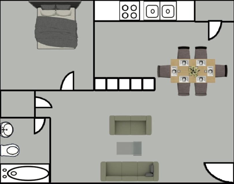 Floor plan of a small apartment, with a bedroom, bathroom, kitchen, dining area, and living room, gray background.