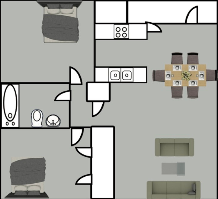 Floor plan of an apartment with two bedrooms, a kitchen, dining area, and living room. The layout is in gray with white features.