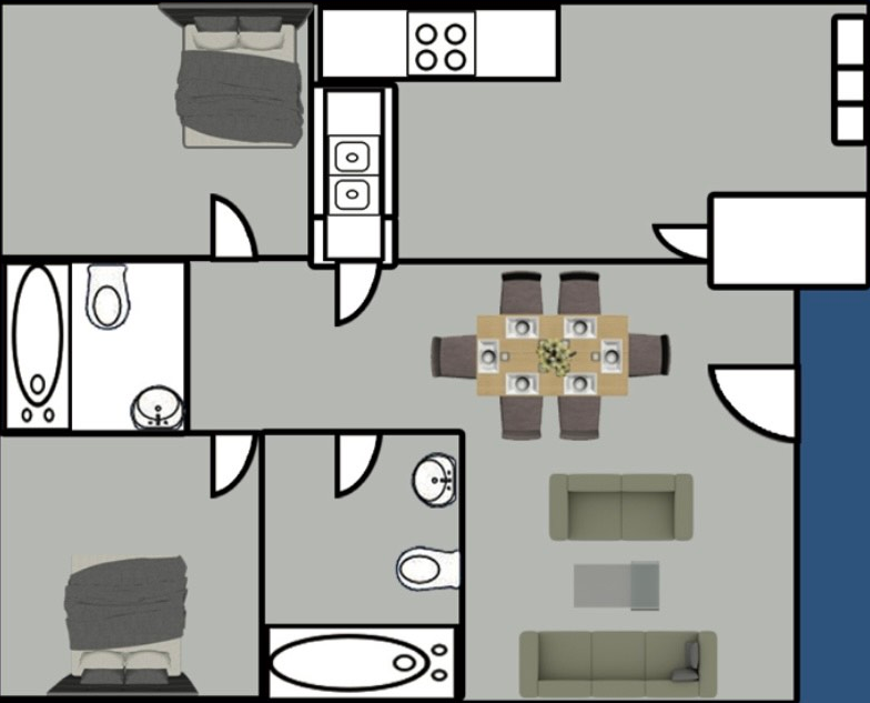 Floor plan of an apartment with two bedrooms, two bathrooms, a kitchen, dining area, and living room, rendered in a top-down view.