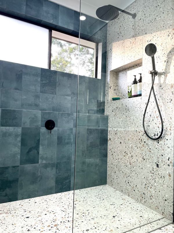 Shower With Tiled & Stone Walls — Impact Bathrooms in Bateau Bay, NSW Shower With Tiled & Stone Walls — Impact Bathrooms in Bateau Bay, NSW