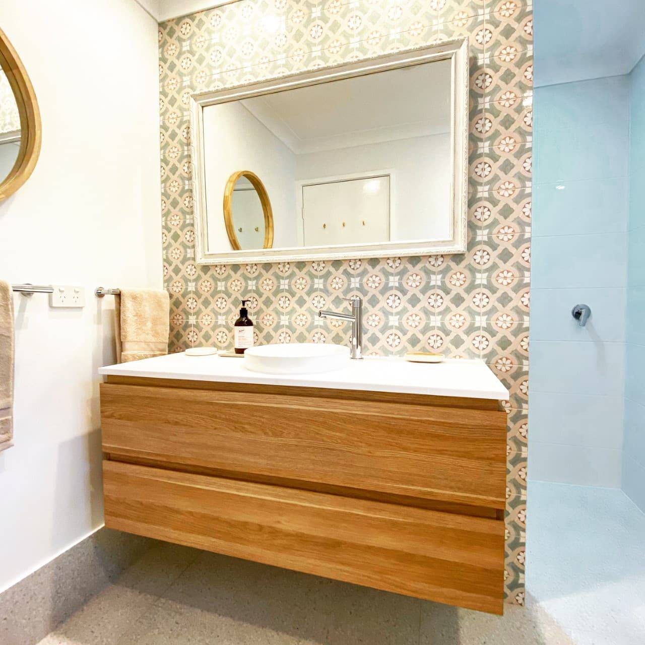 Vanity Mirror & Floating Timber Cabinet — Impact Bathrooms in Bateau Bay, NSW