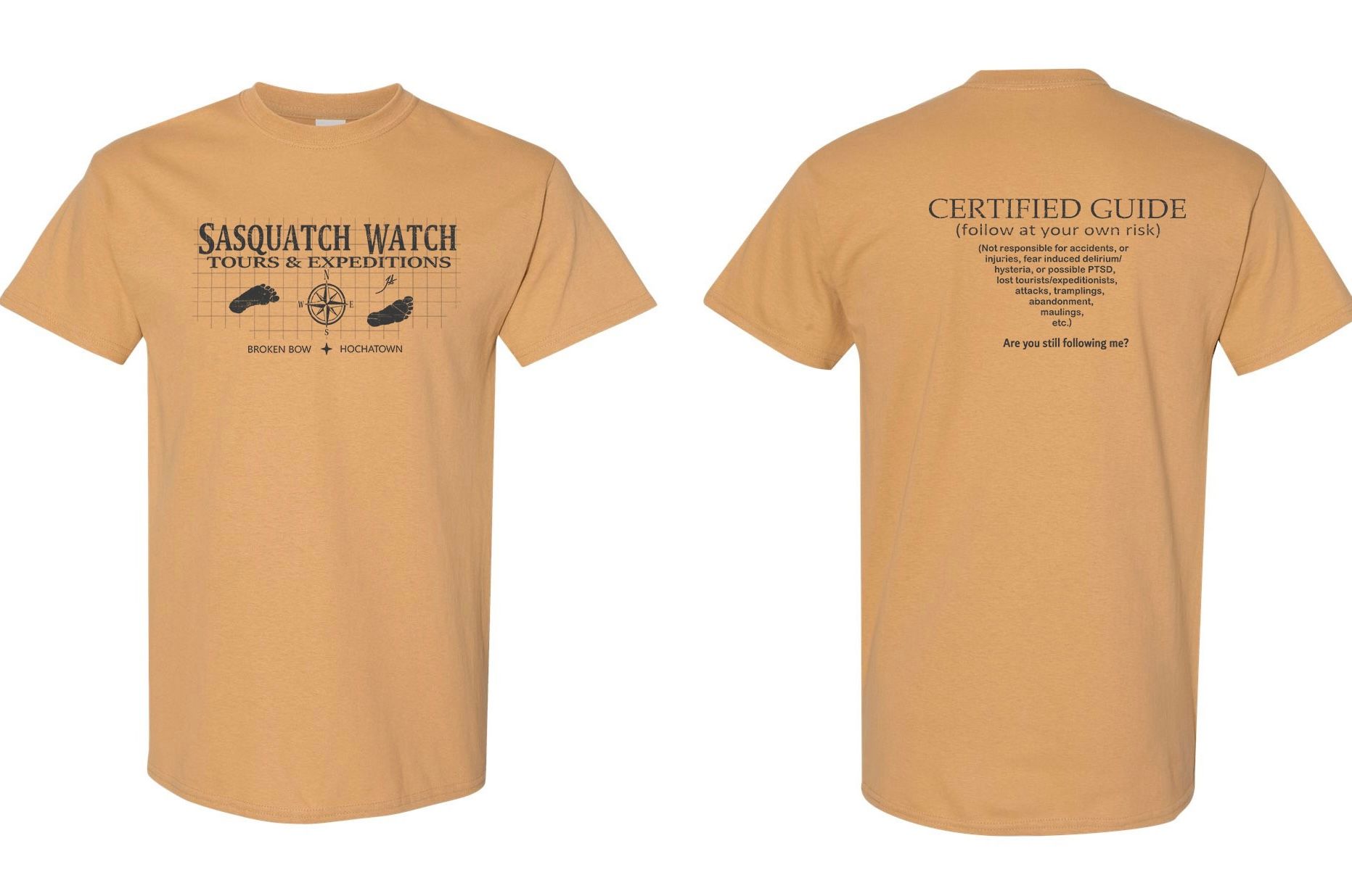 Two tan graphic T-shirts shown front and back with black printed text and fish illustrations