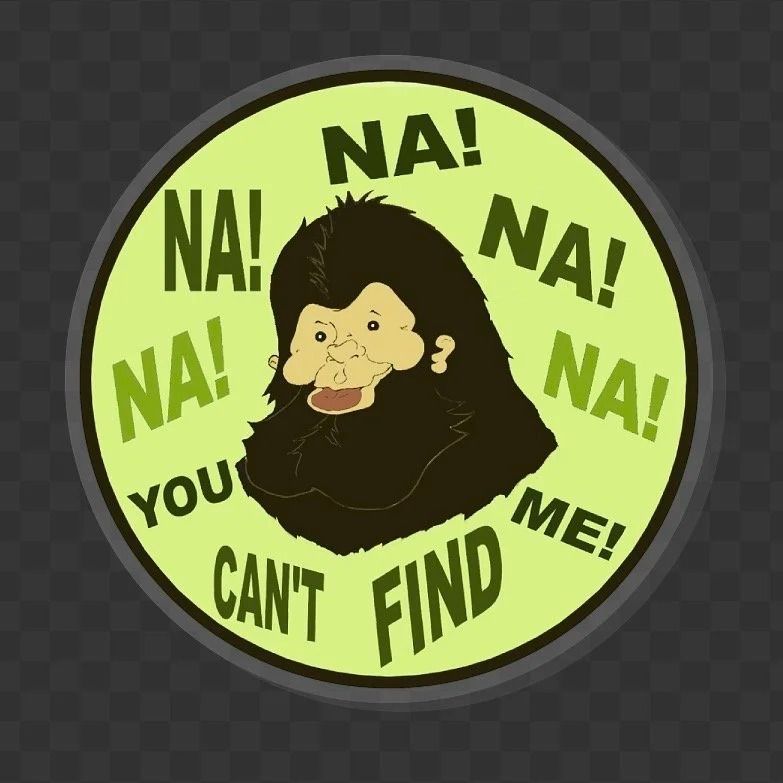 Cartoon ape in a green circle with “NA! NA! YOU CAN’T FIND ME!” text on black background