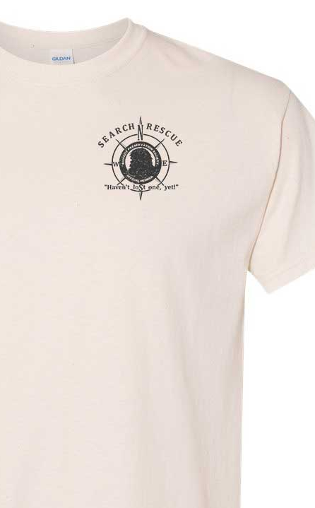Off-white T-shirt with black “Search & Rescue” circular graphic on the chest.