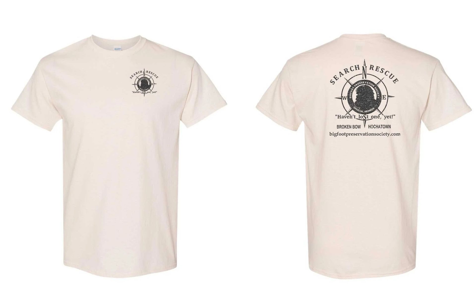 Beige T-shirt shown front and back with small black circular logo on chest and large back graphic.
