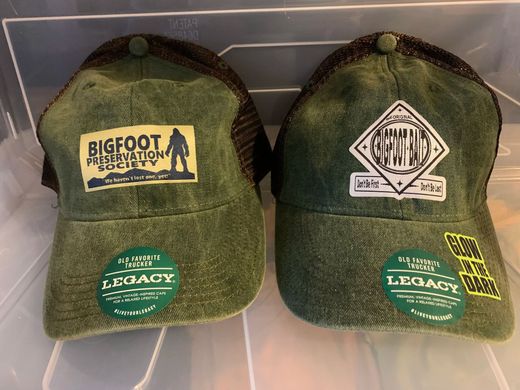 Two green trucker hats with patches, side by side on a shelf.