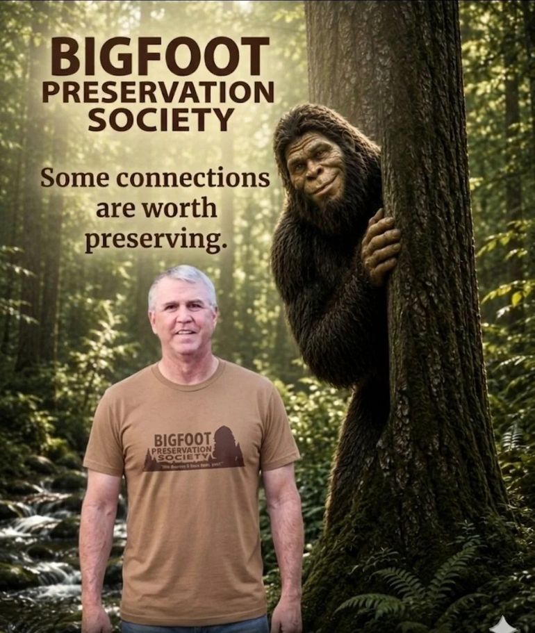 Bigfoot Preservation Society poster with man in forest beside a Bigfoot peeking from a tree, slogan text visible