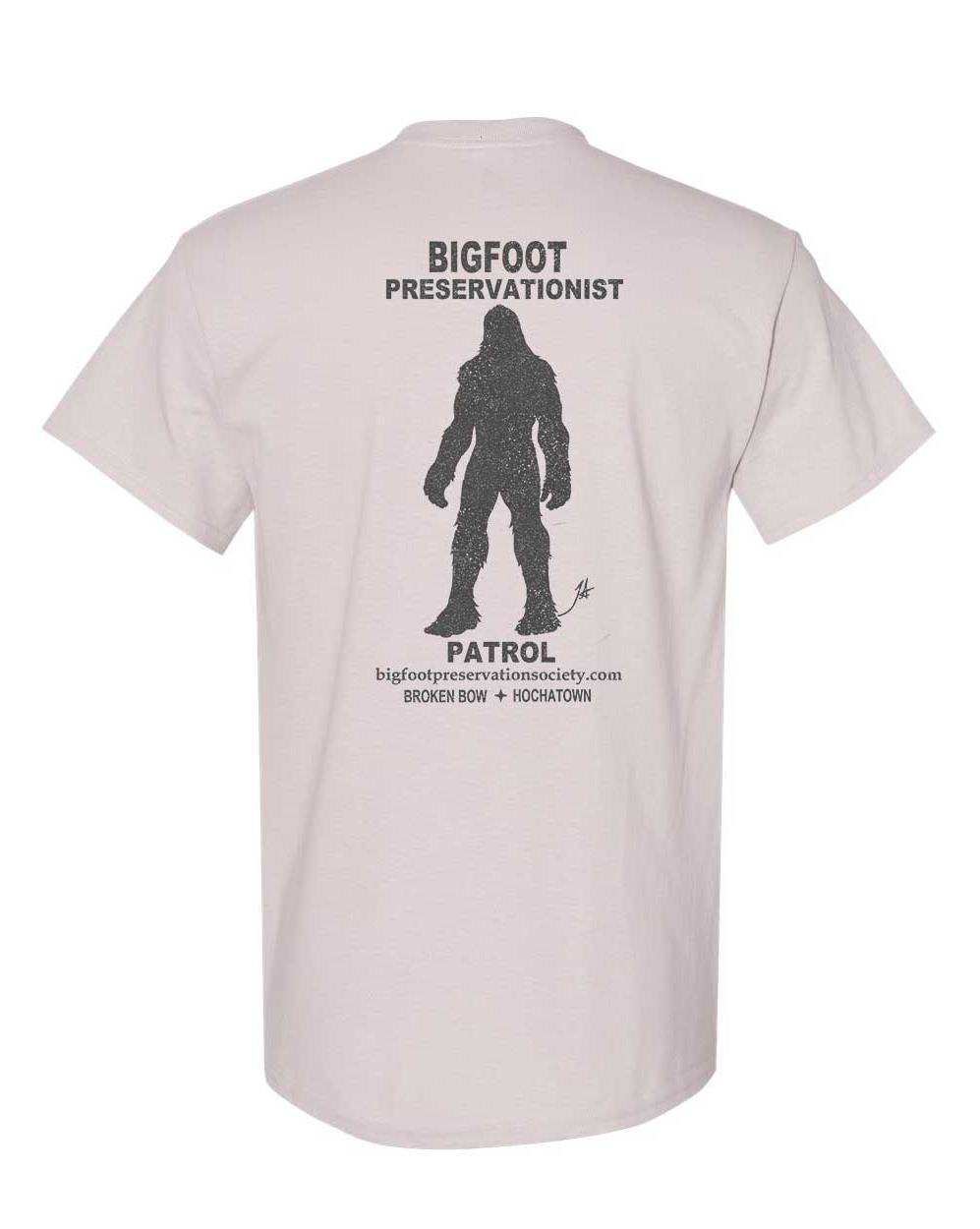 Light gray short-sleeve T-shirt with a small chest logo on a white background