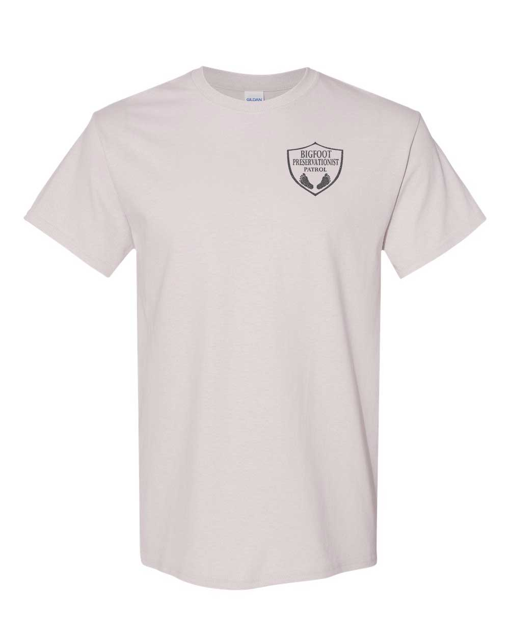 Light gray short-sleeve T-shirt with a small chest logo on a white background