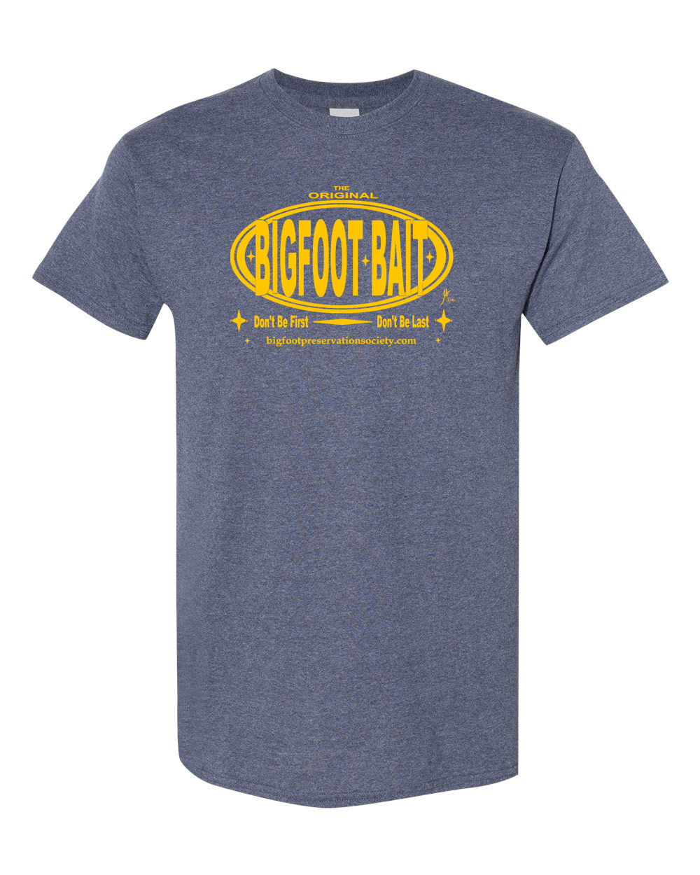 Gray T-shirt with yellow “Bigfoot Band” graphic printed on the chest