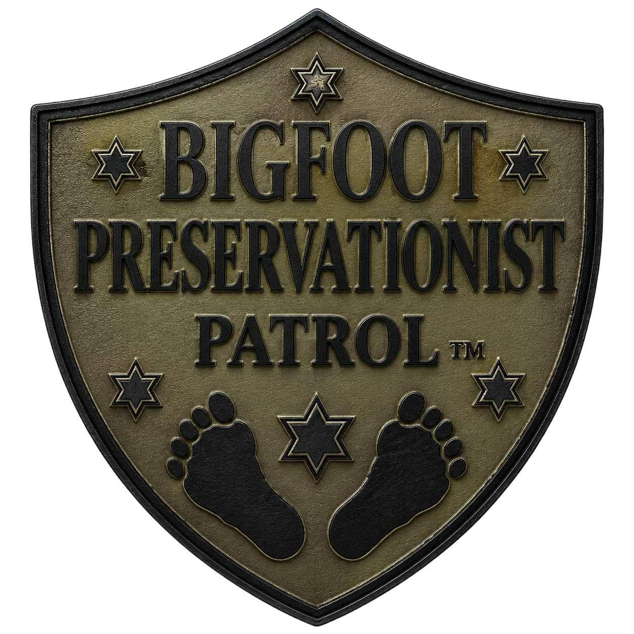 Bigfoot Preservationist Patrol shield patch with stars and footprints on a brown background