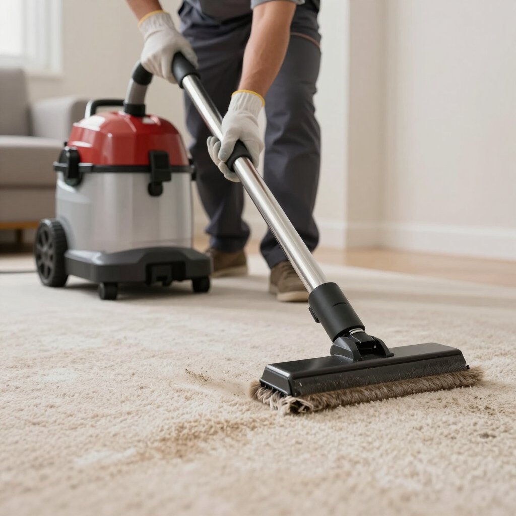 Person vacuuming a carpet with a red and gray vacuum cleaner indoors