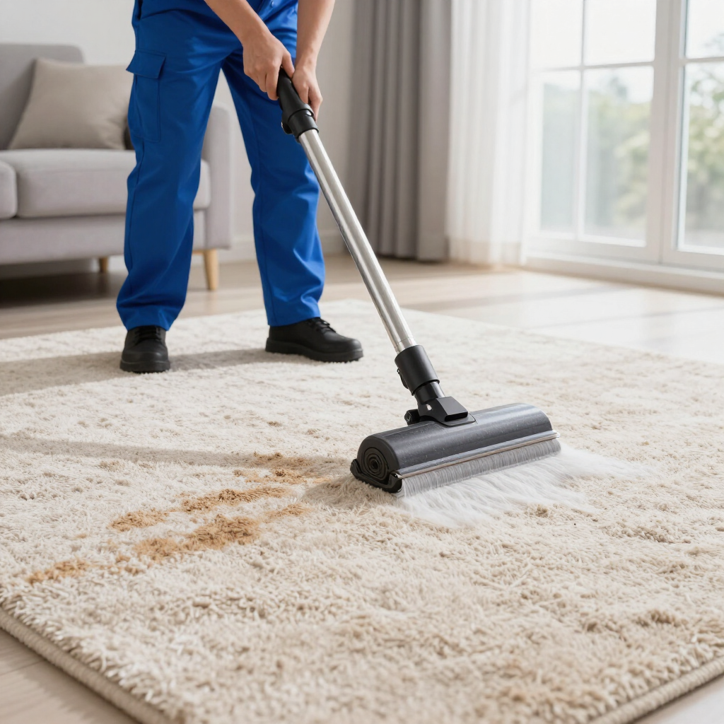 Worker vacuuming a white carpet with visible dirt in a bright living room