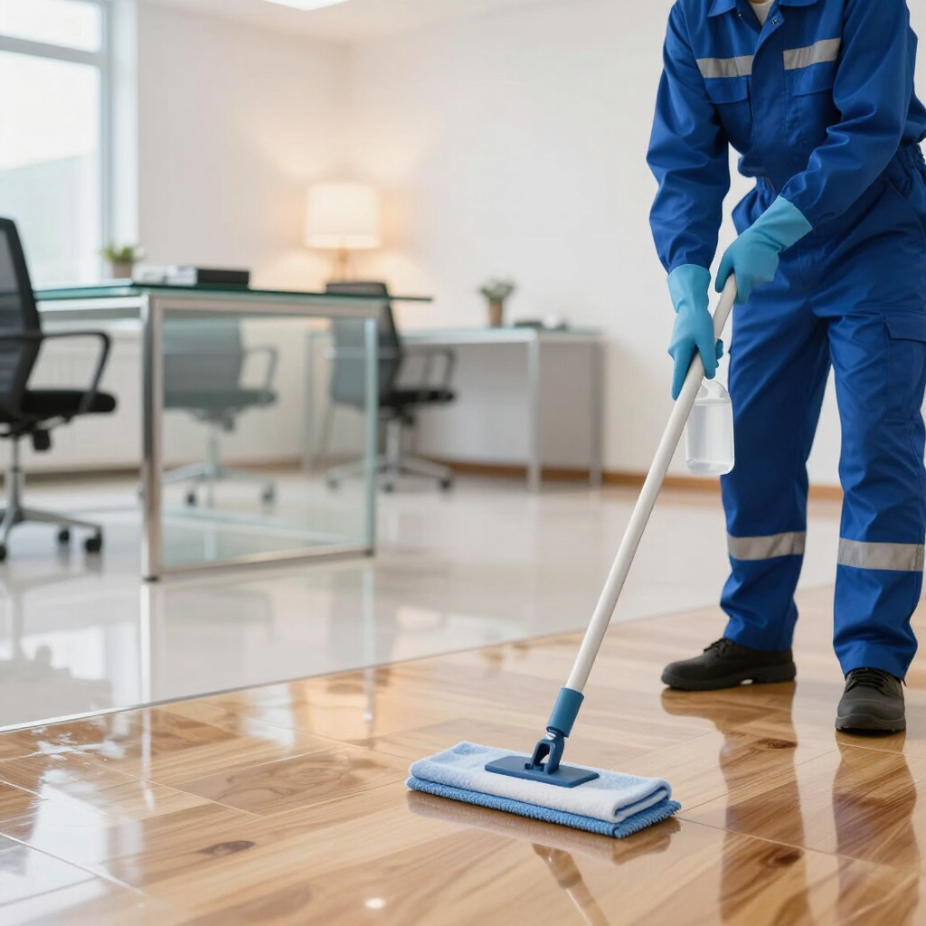 Janitor mopping a glossy office floor with a blue mop in a modern workspace