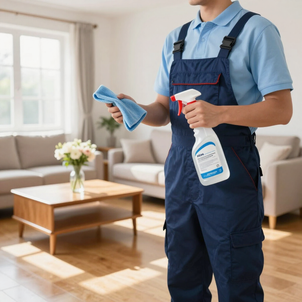 Cleaner in blue overalls holding a cloth and spray bottle in a bright living room