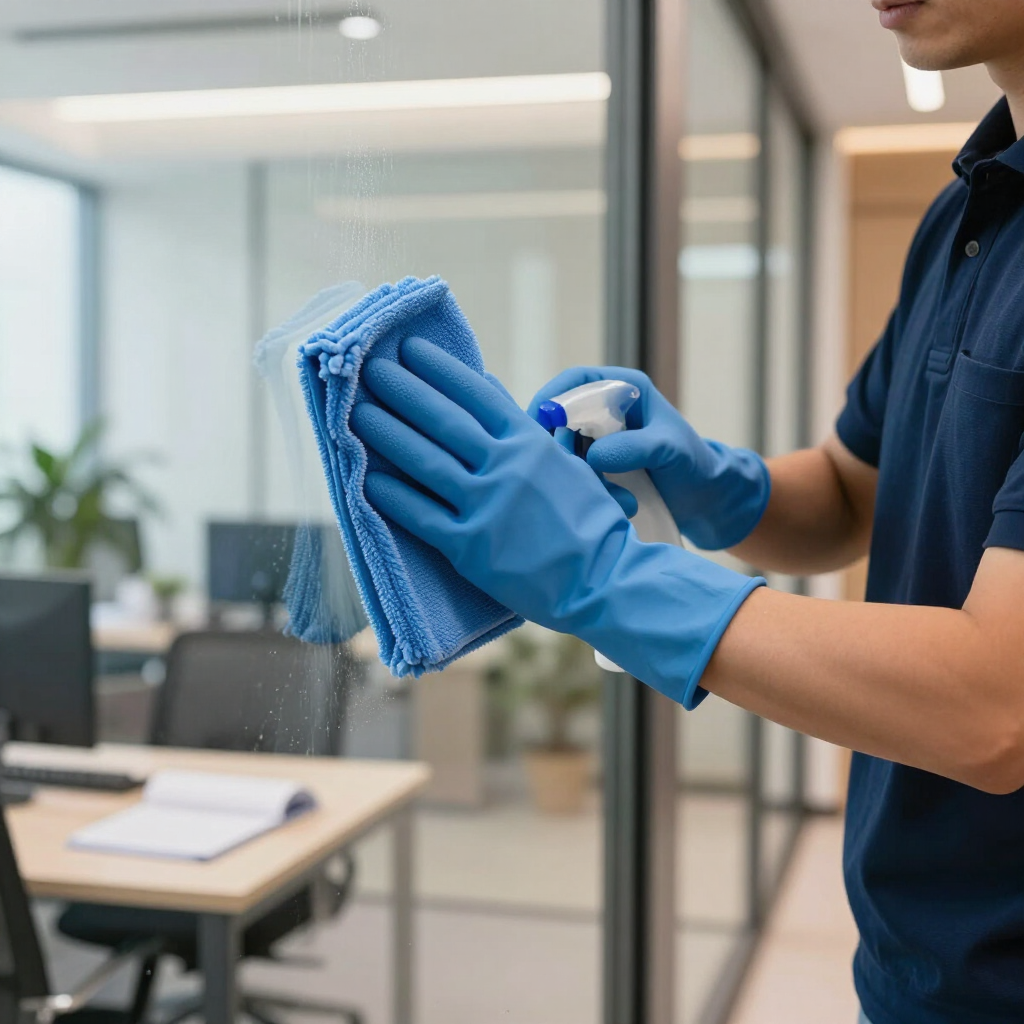 Person in blue gloves cleaning a glass wall with a blue cloth in an office.