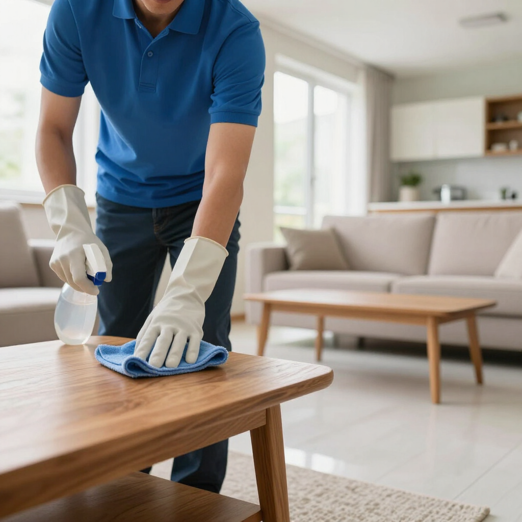 Person cleaning a wooden coffee table with spray and cloth in a bright living room