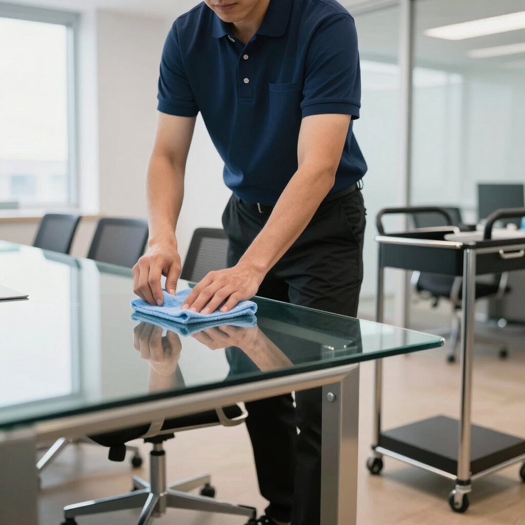 Person wiping a glass office table with a blue cloth in a bright meeting room