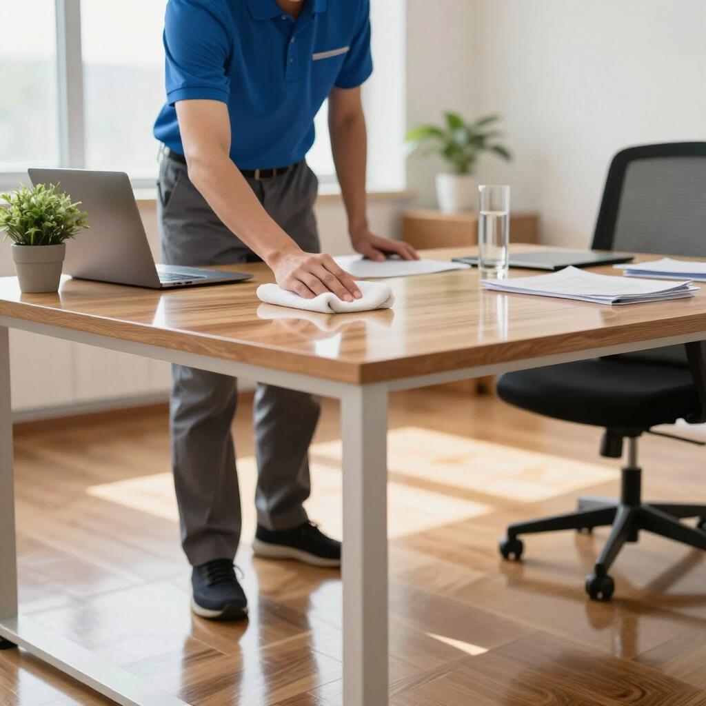 Person wiping a wooden office desk with a cloth beside a laptop and chair