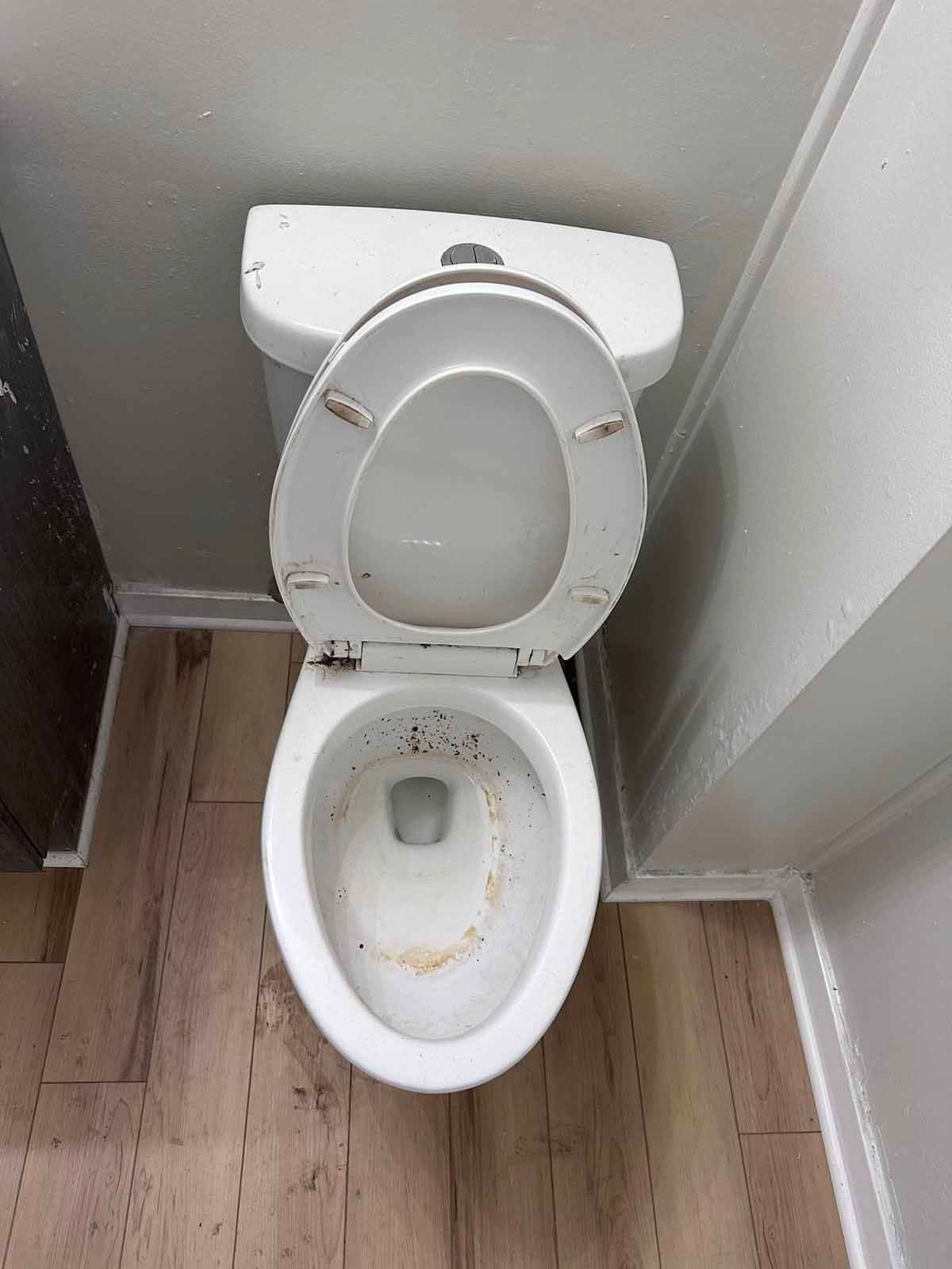 White toilet with the seat up, showing grime inside, in a bathroom with wood-look flooring and white walls.