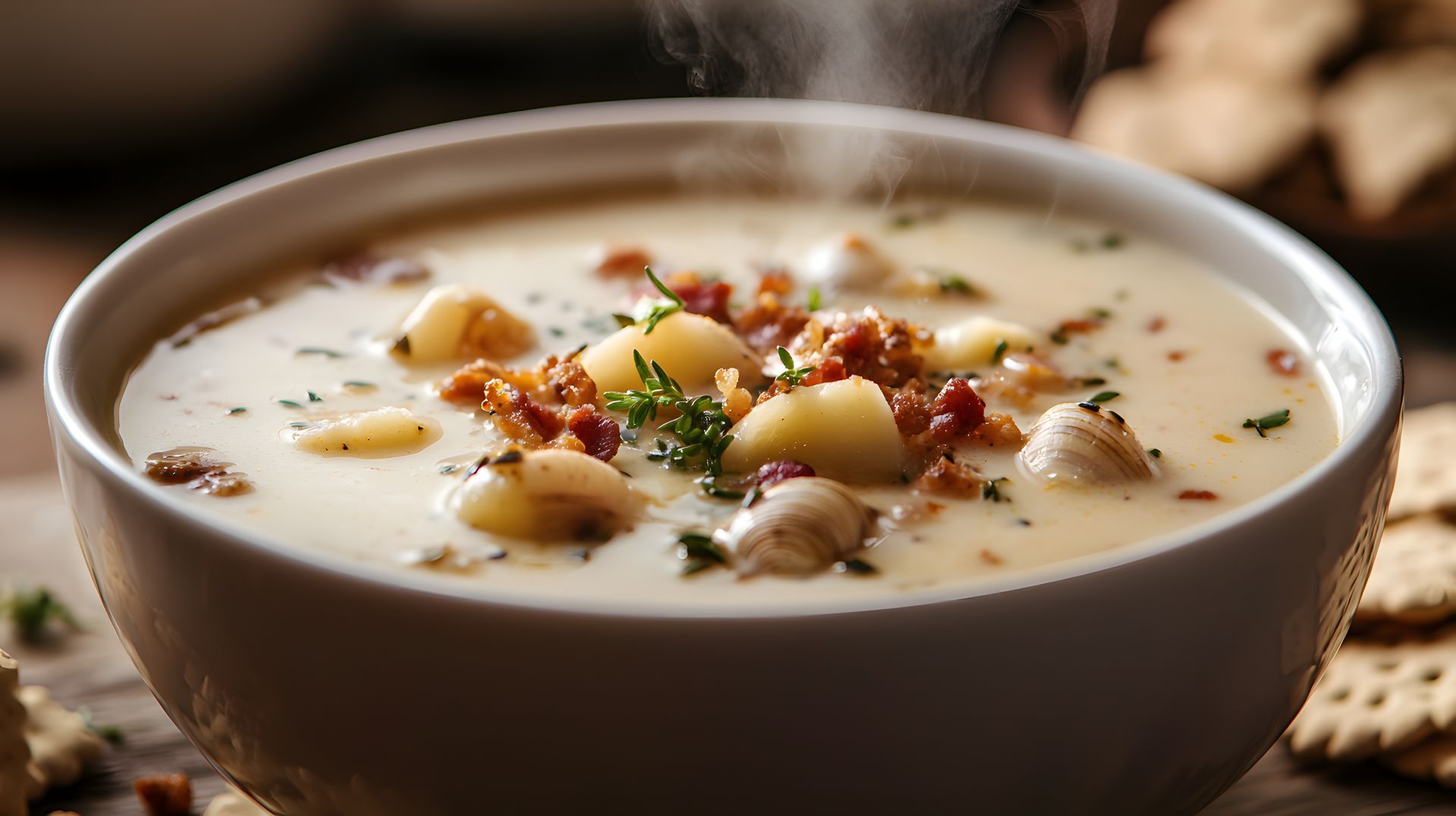 A bowl of potato soup with bacon and crackers on a table.