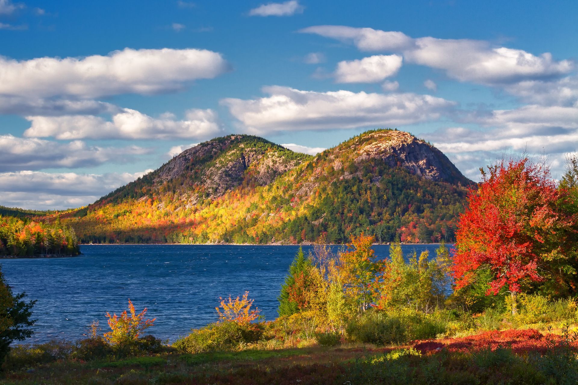 A lake with mountains in the background and trees in the foreground.