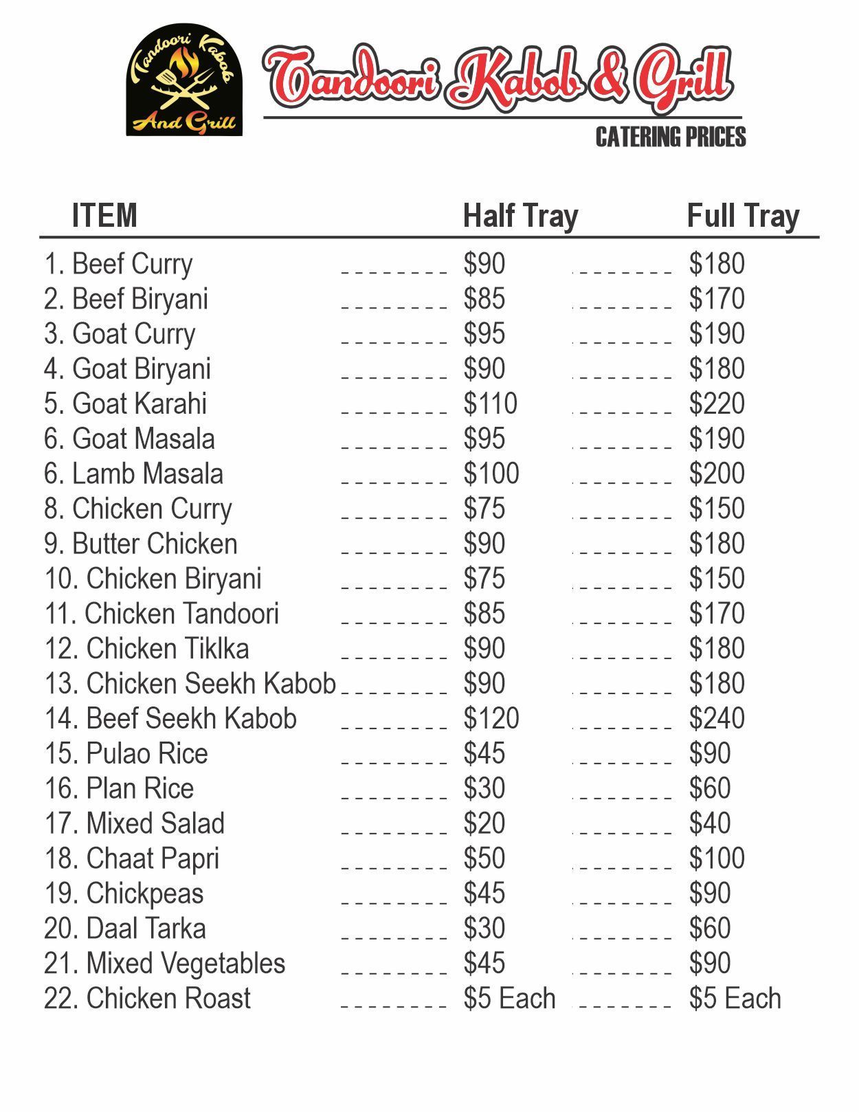 Catering prices