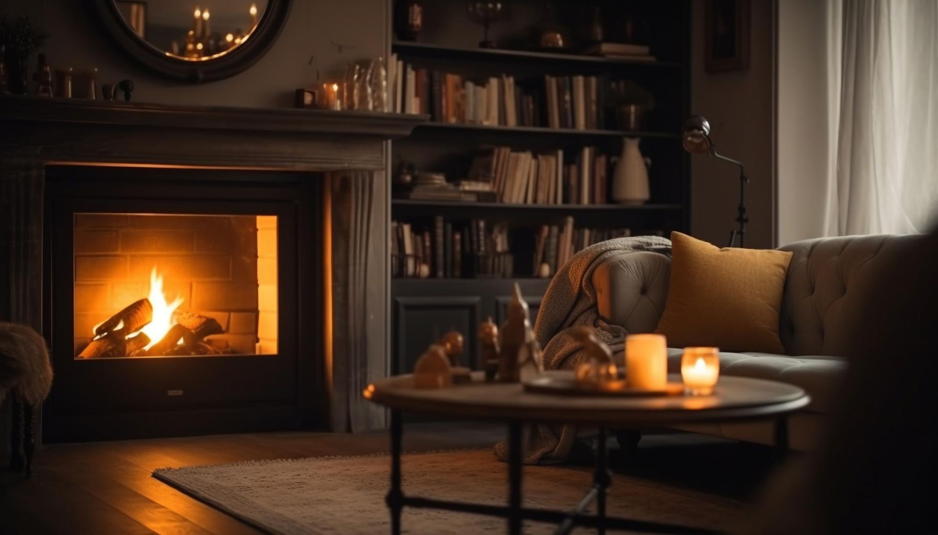 a living room with a fireplace , couch , table and candles .