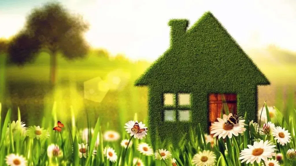 Green grass house in a field of flowers, butterflies, and a blurred tree on a sunny day.