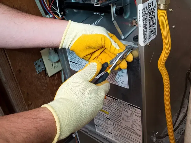 a person wearing yellow gloves is working on a furnace.