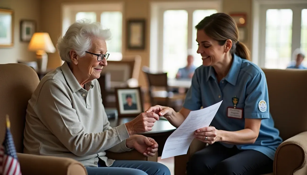 Nurse reviewing paperwork with an elderly veteran's spouse in a bright home setting