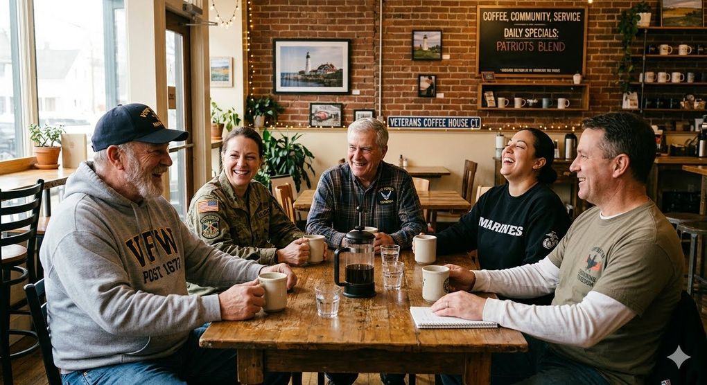 Five veterans chatting over coffee at a wooden table at a safe veterans coffee house with brick walls and chalkboard menus