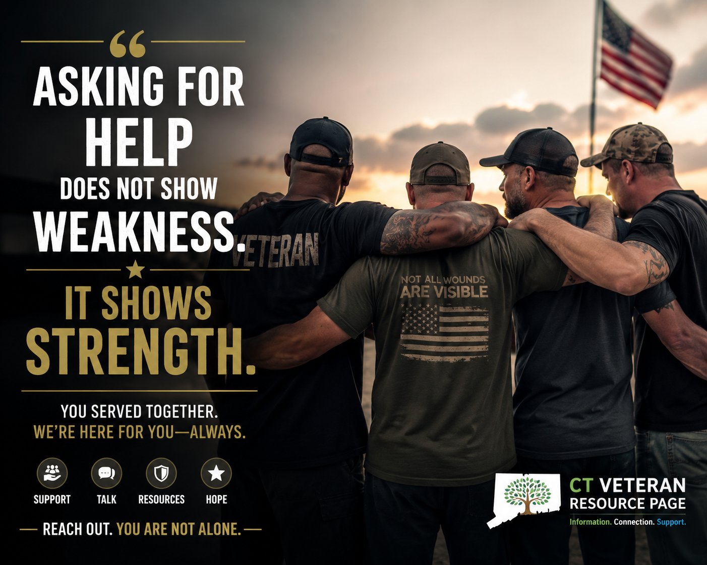 Veterans huddled together at sunset with text: asking for help shows strength, not weakness.