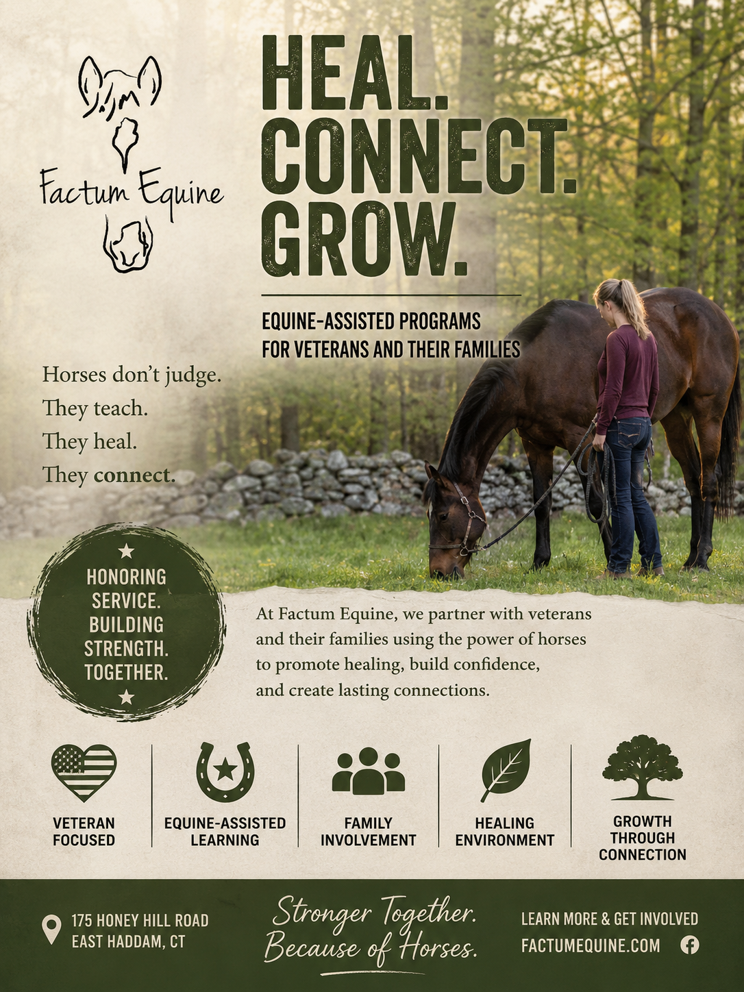 Horse and rider in a grassy field with text: “Heal. Connect. Grow.” Factum Equine