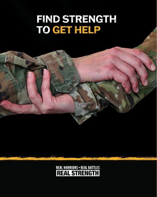 military members Hand gripping , with text: “Find strength to get help” and “Real Strength.”