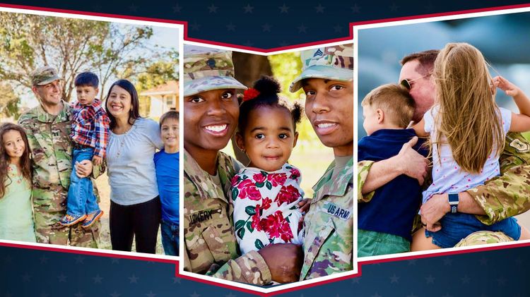 Three-panel family portrait with veteran parents and children in military uniforms, smiling outdoors, military families, dependents