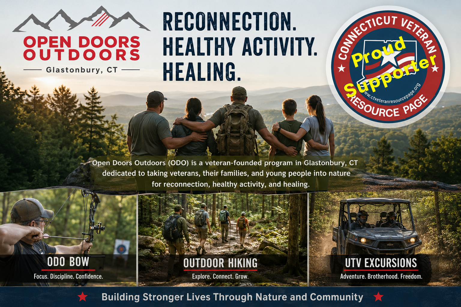 Connecticut veteran program, Open Doors Outdoors flyer with hikers, trees, and activity options: bow, biking, excursions