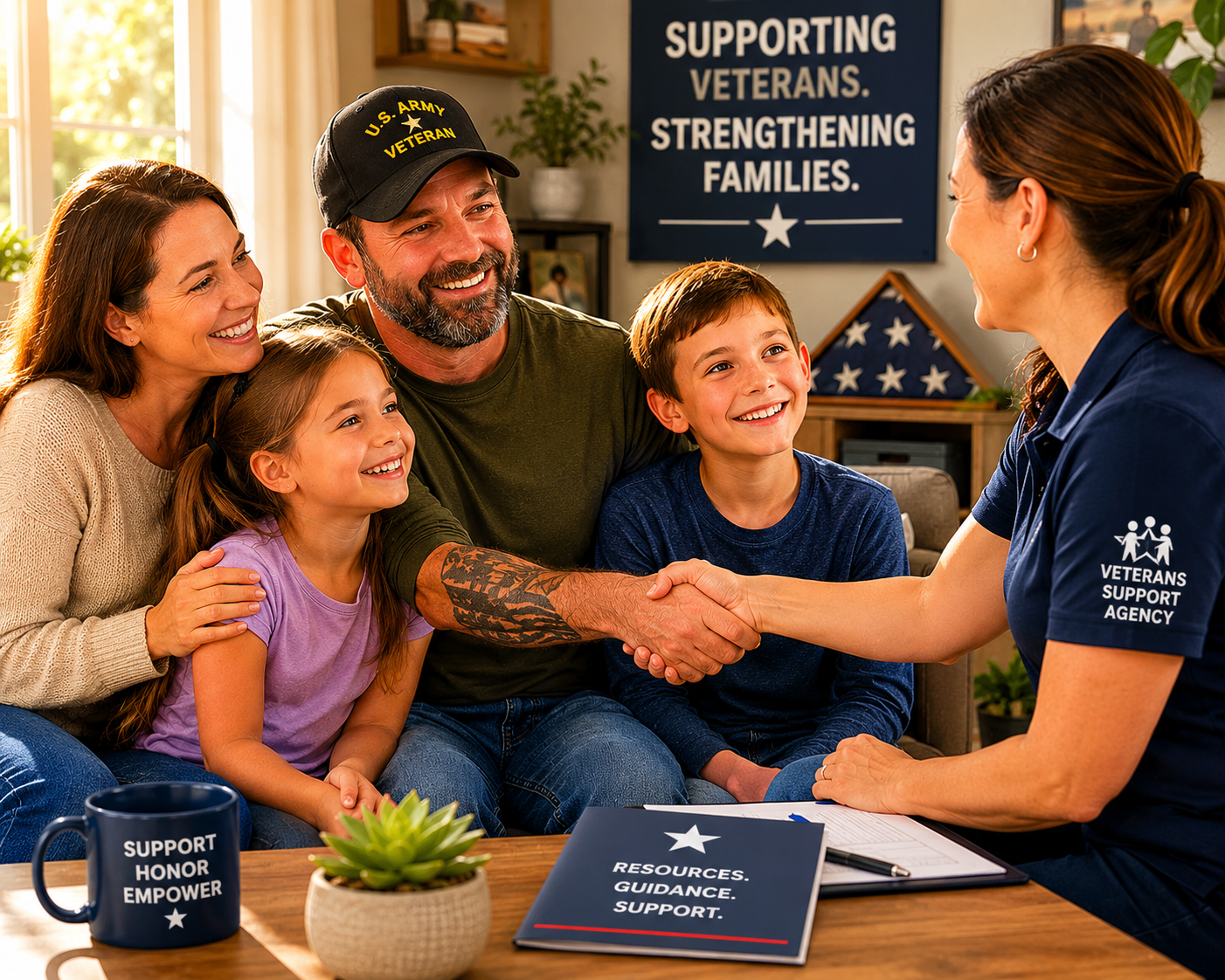 Veterans Affairs staff greeting a family in a welcoming office, with “Supporting Veterans. Strengthening Families.” sign