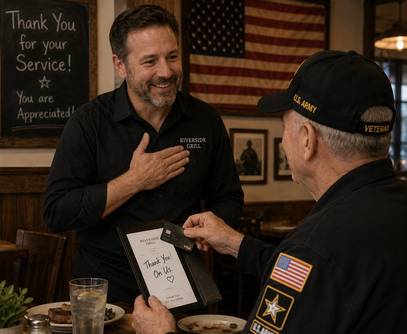 Veteran in cap receives a thank-you note from a restaurant worker in a patriotic diner