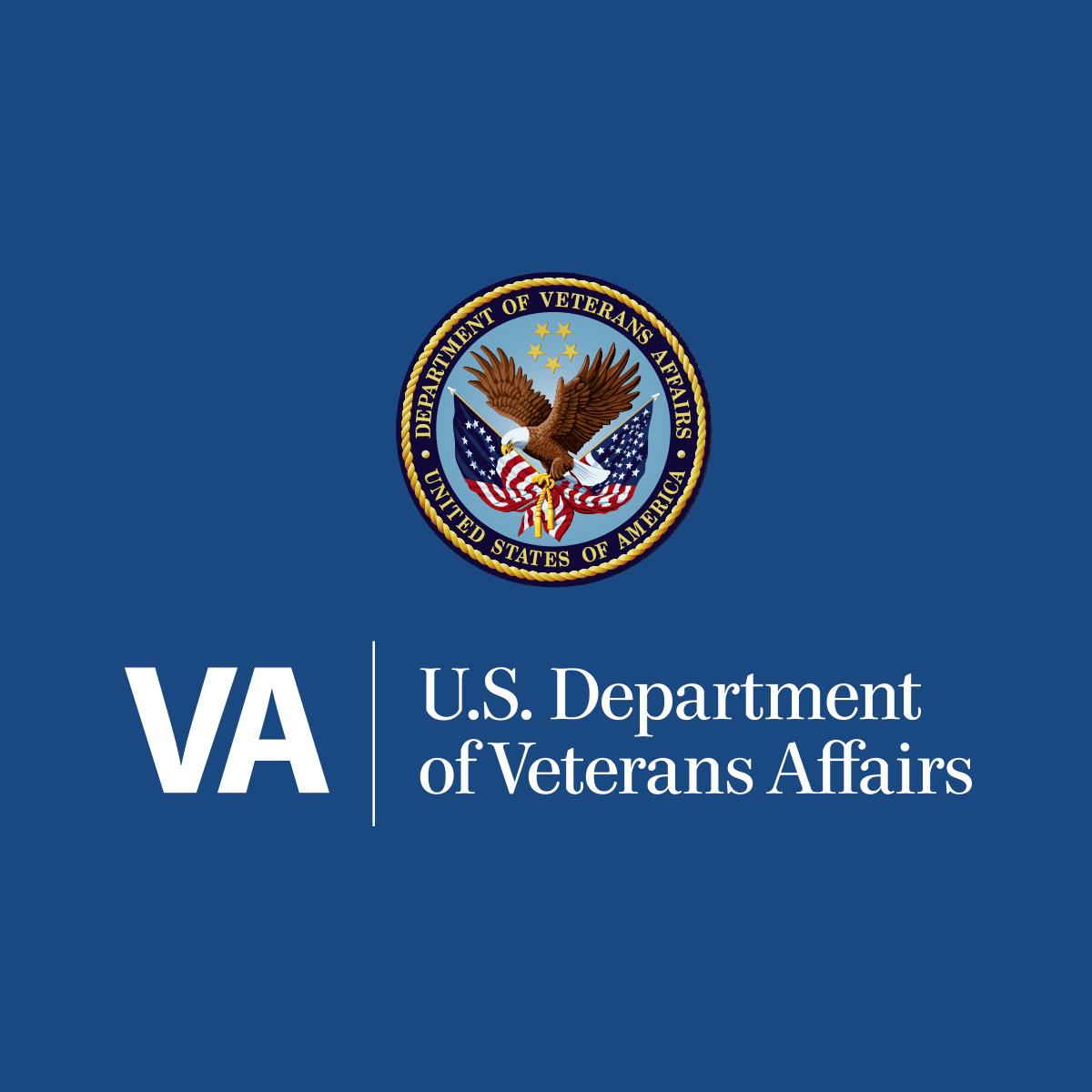 VA logo and U.S. Department of Veterans Affairs seal on a blue background
